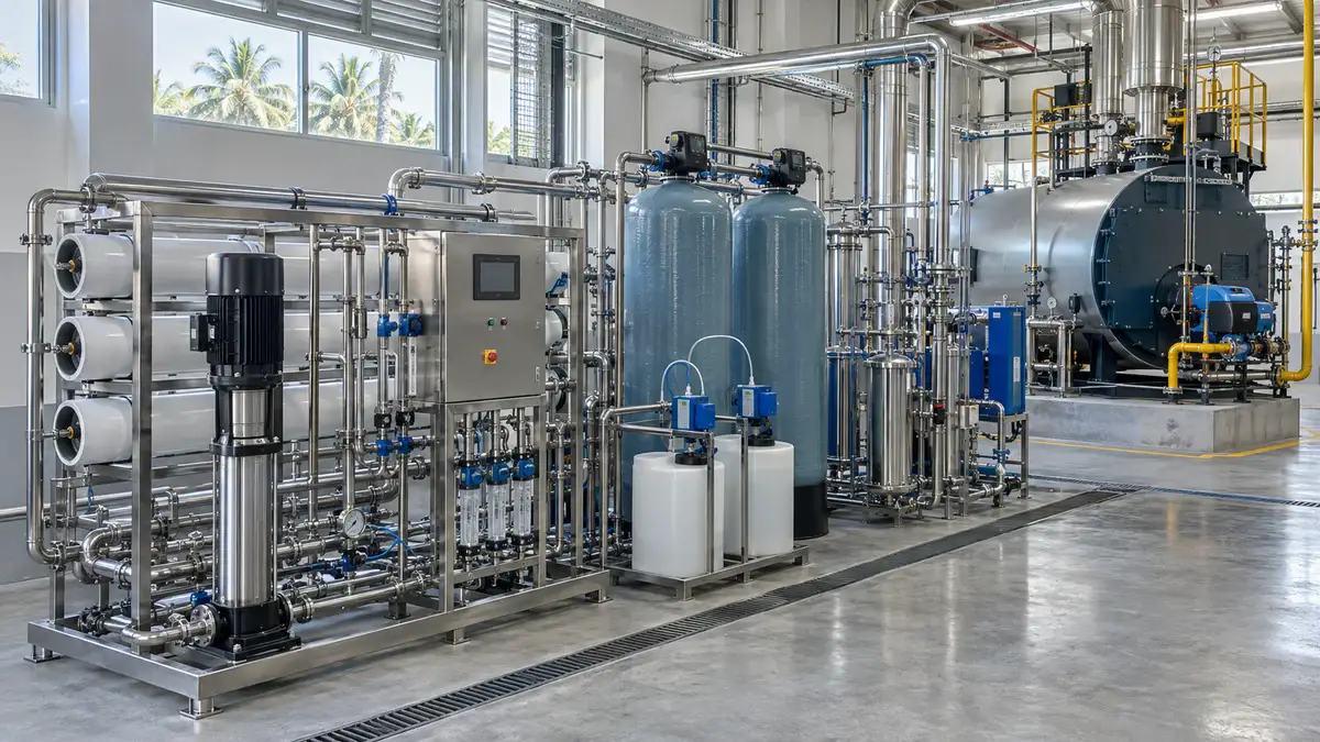 Boiler feedwater system illustration for a Philippine food and beverage plant: filtration, softening or RO, deaerator and feedwater tank