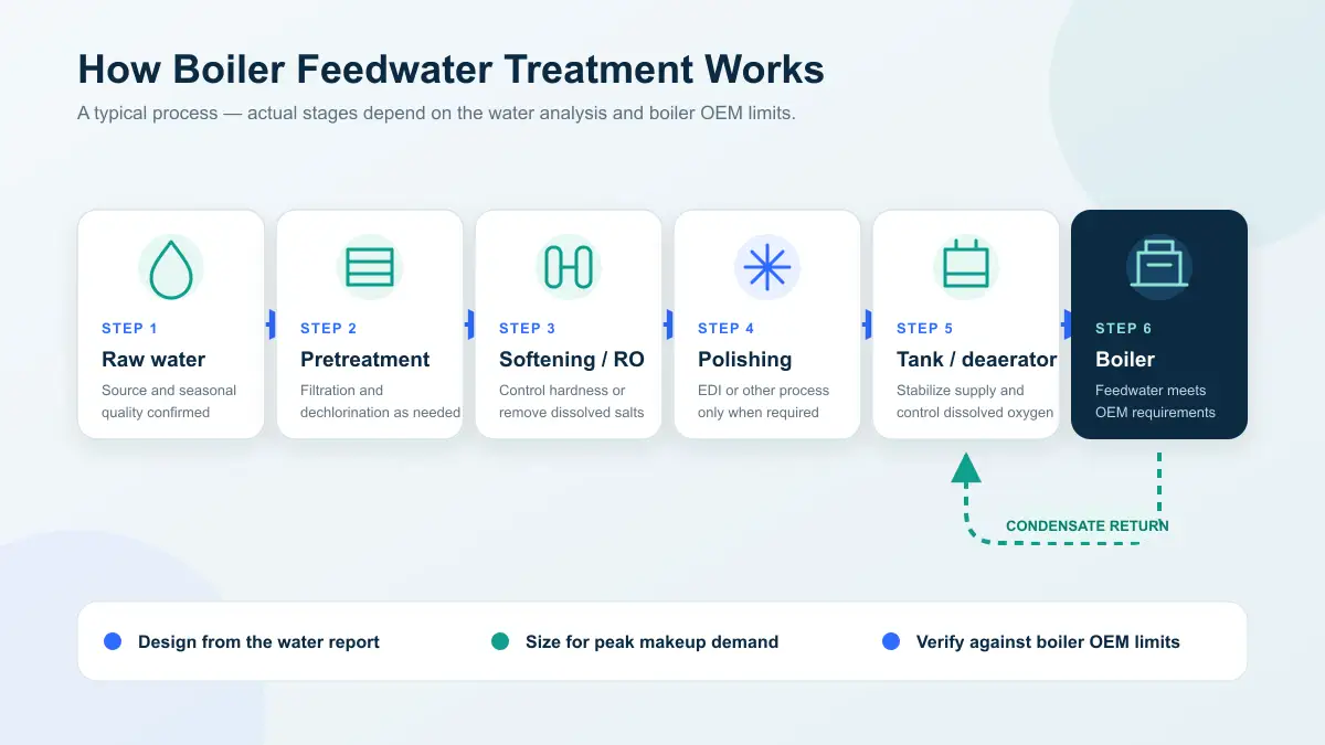 Boiler feedwater treatment process flow: raw water, filtration, softening or RO, polishing, deaerator, feedwater tank and boiler