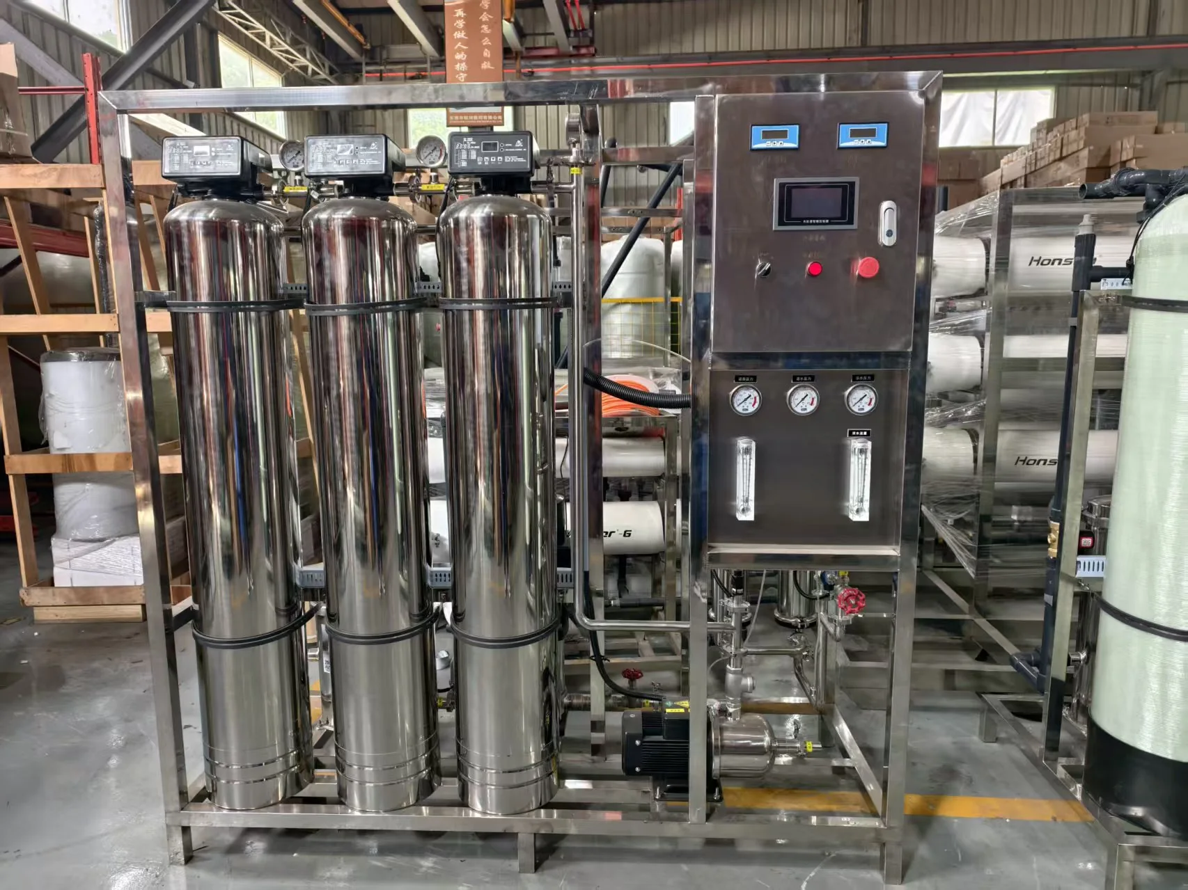 KONCHE brackish-water treatment equipment with stainless-steel vessels and control cabinet