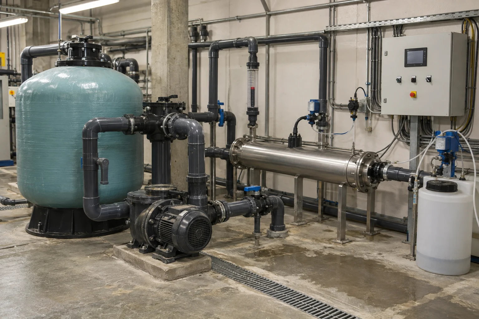 Filters, recirculation pumps, UV equipment, and chemical dosing systems in a commercial pool plant room