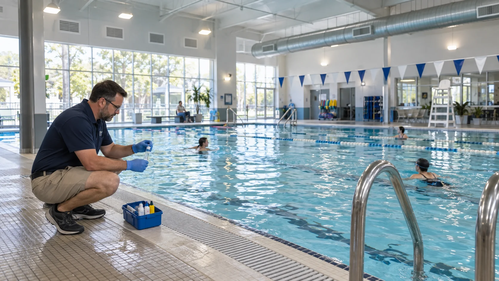 A commercial indoor pool operator carrying out routine water-quality testing