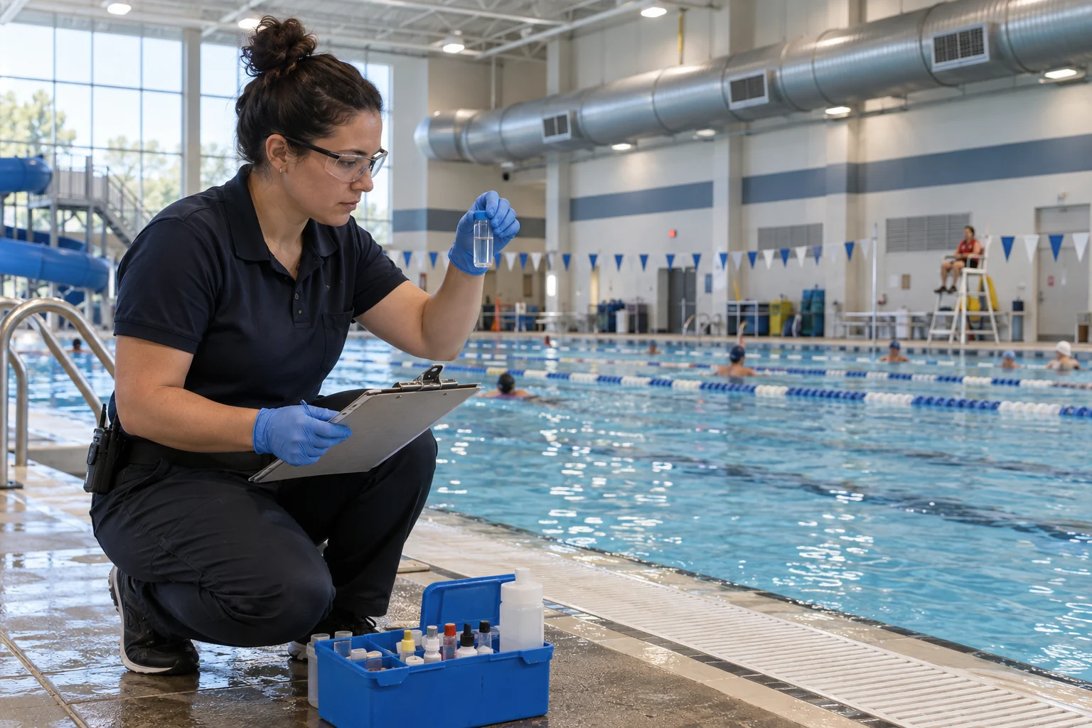 An operator checking a water sample in a properly ventilated indoor pool