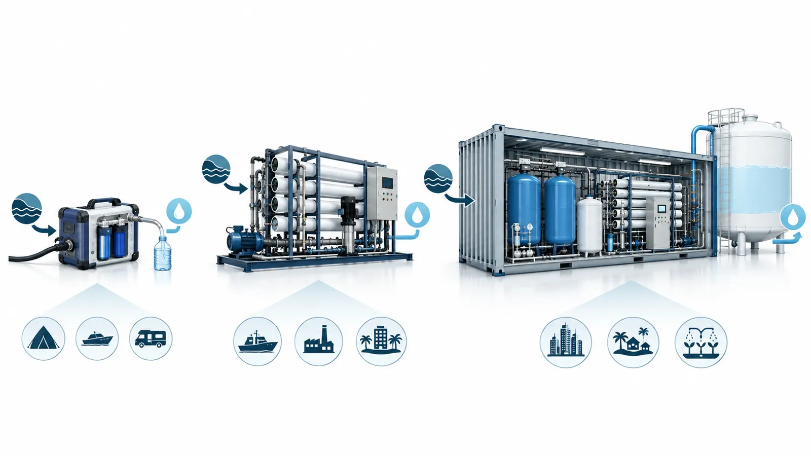 Comparison of portable, skid-mounted and containerized commercial desalination system sizes