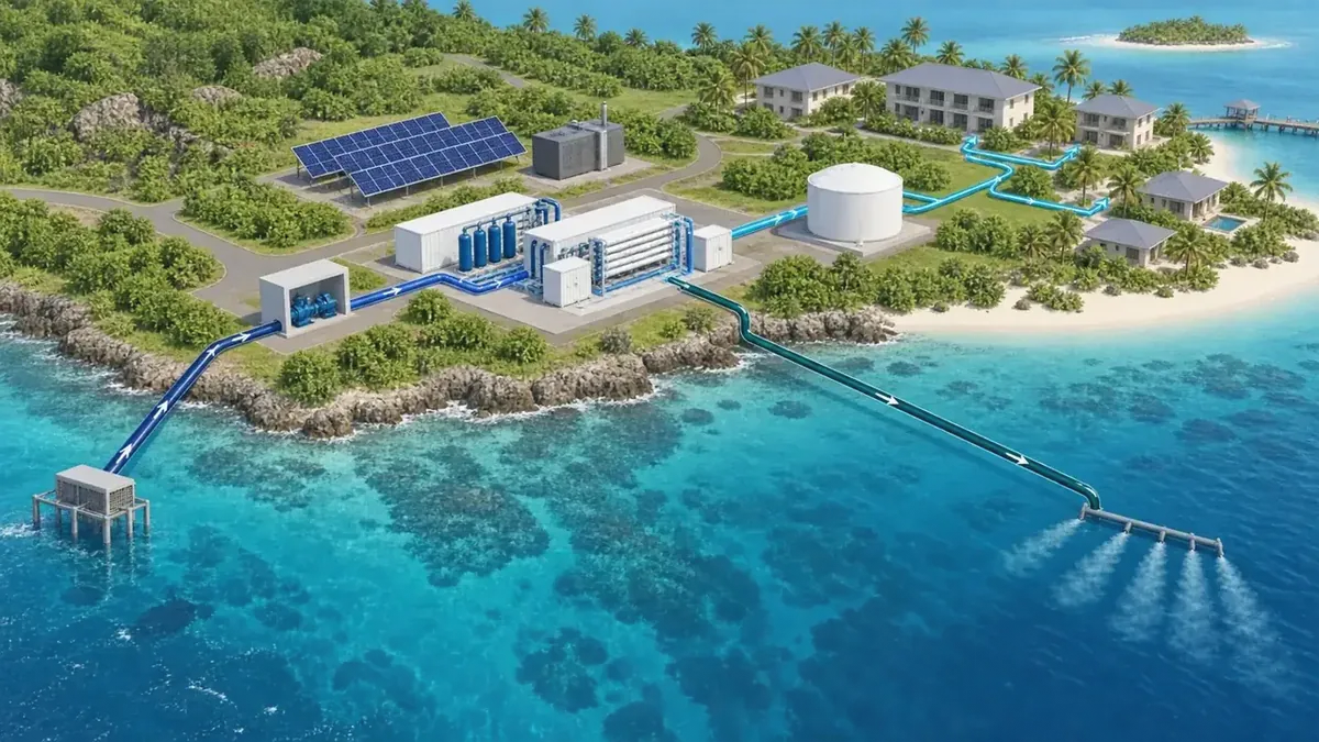 Illustrative island desalination layout showing intake, treatment, storage and concentrate route