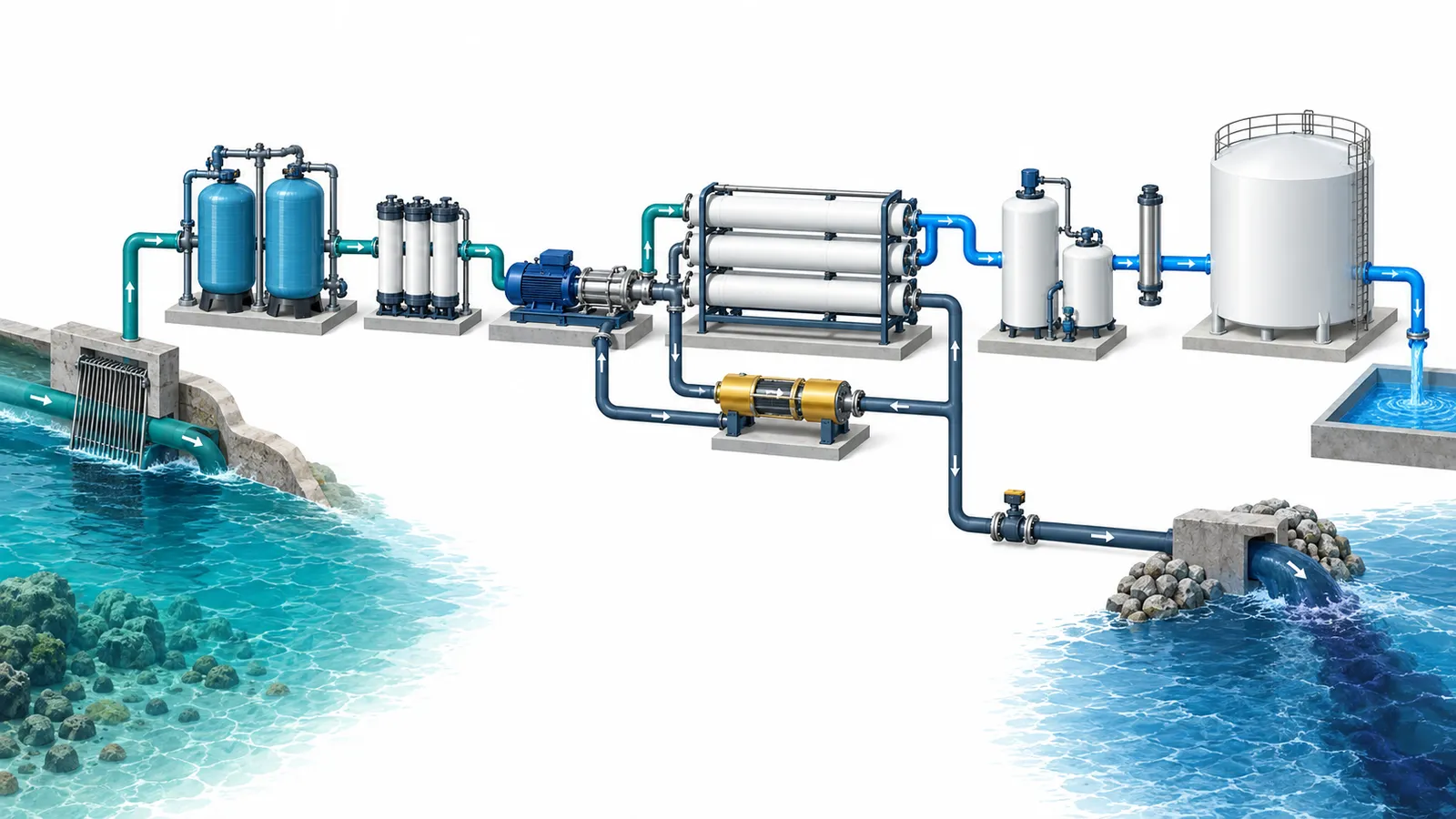 SWRO process from seawater intake and pretreatment to membranes, energy recovery and product-water storage