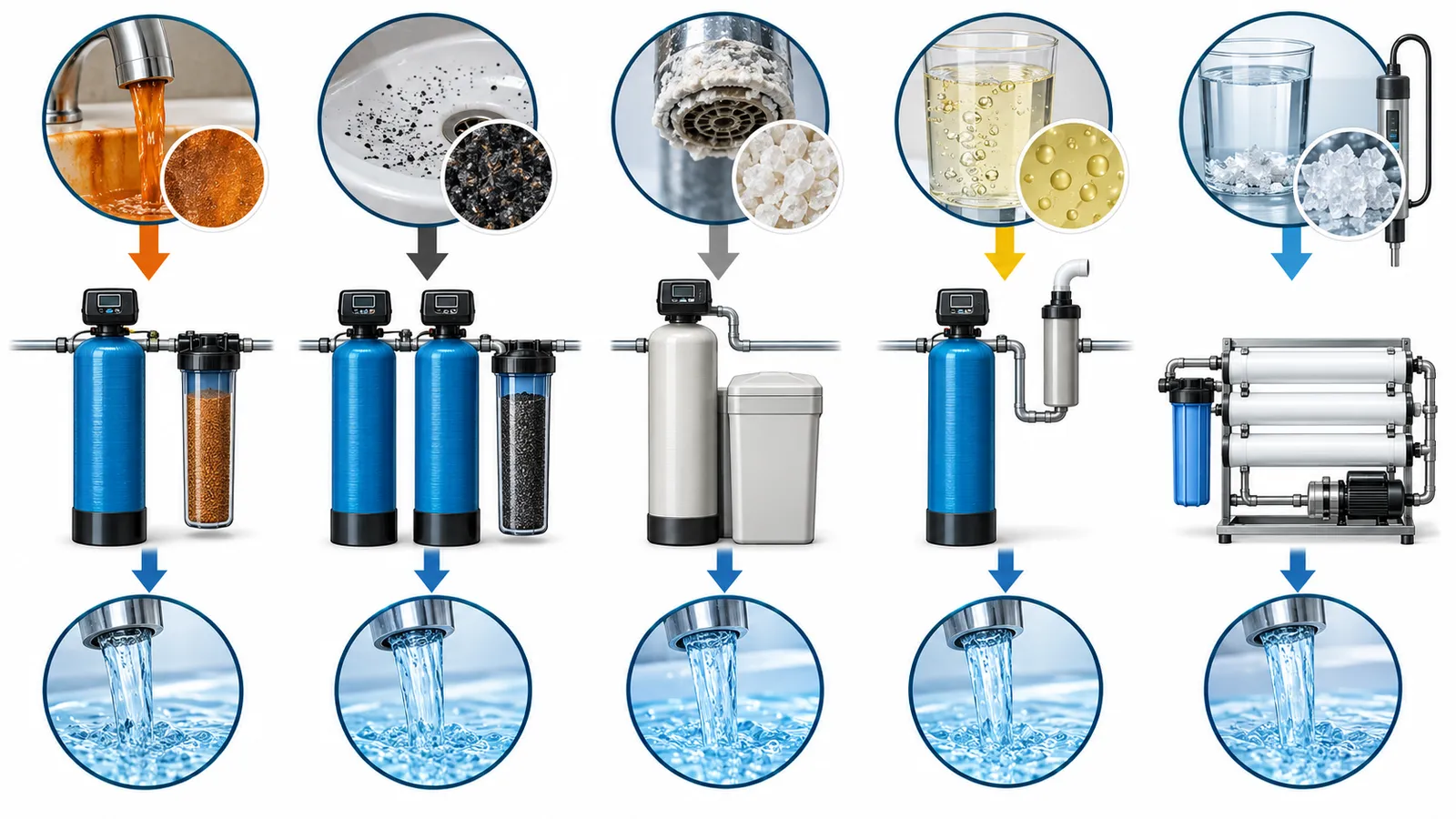 Common well-water symptoms including iron stains, manganese deposits, scale, sulfur odor and salinity