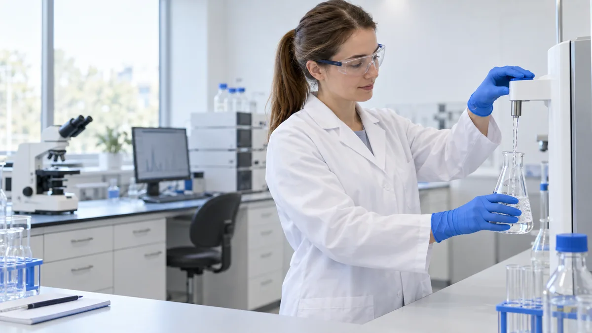 A scientist dispensing purified water into a laboratory flask from a point-of-use water system