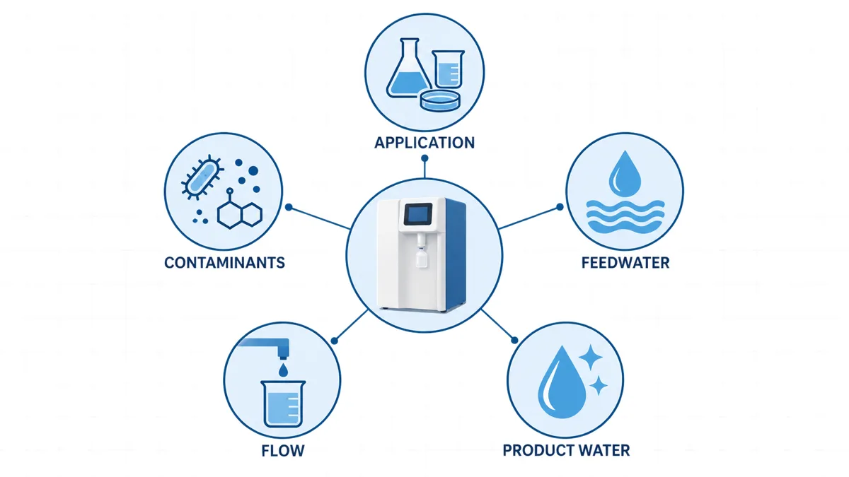 Five factors for selecting a laboratory water purification system: application, feedwater, product water, flow and contaminants