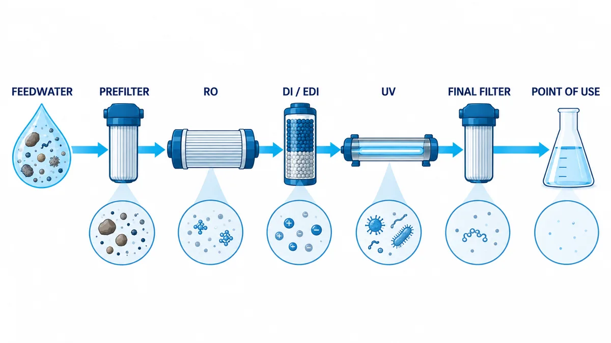 Typical laboratory water purification train from feedwater through prefiltration, RO, DI or EDI, UV and final filtration to the point of use