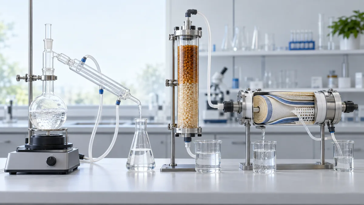 Laboratory distillation apparatus, ion-exchange column and reverse-osmosis membrane shown side by side