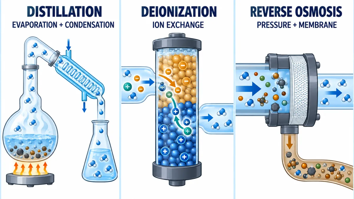 Comparison of distillation, deionization and reverse osmosis mechanisms