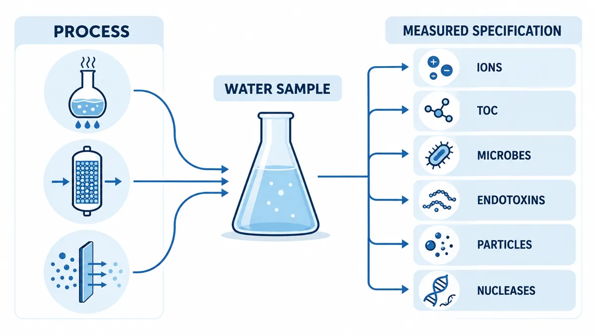 A water-treatment process produces a water sample whose ions, TOC, microbes, endotoxins, particles and nucleases must be evaluated separately