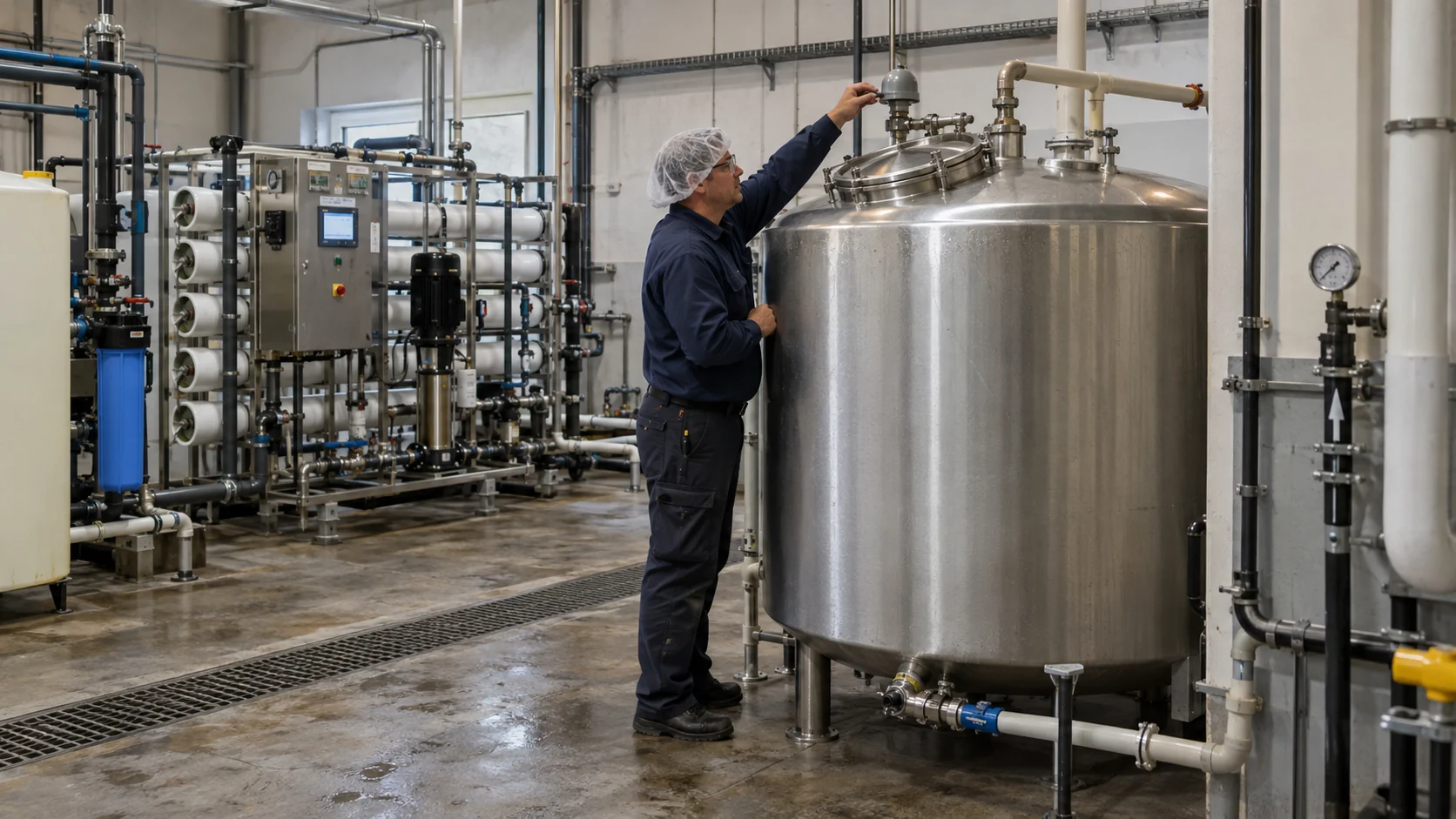 A technician inspecting the vent and access points on an RO product-water storage tank