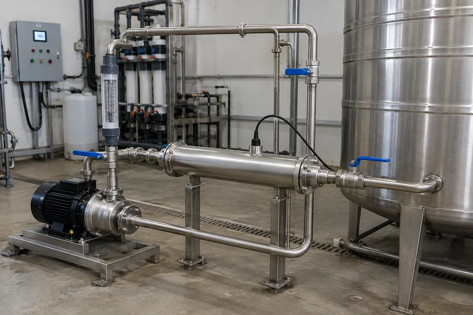 An actual UV reactor installed on a storage-tank recirculation loop