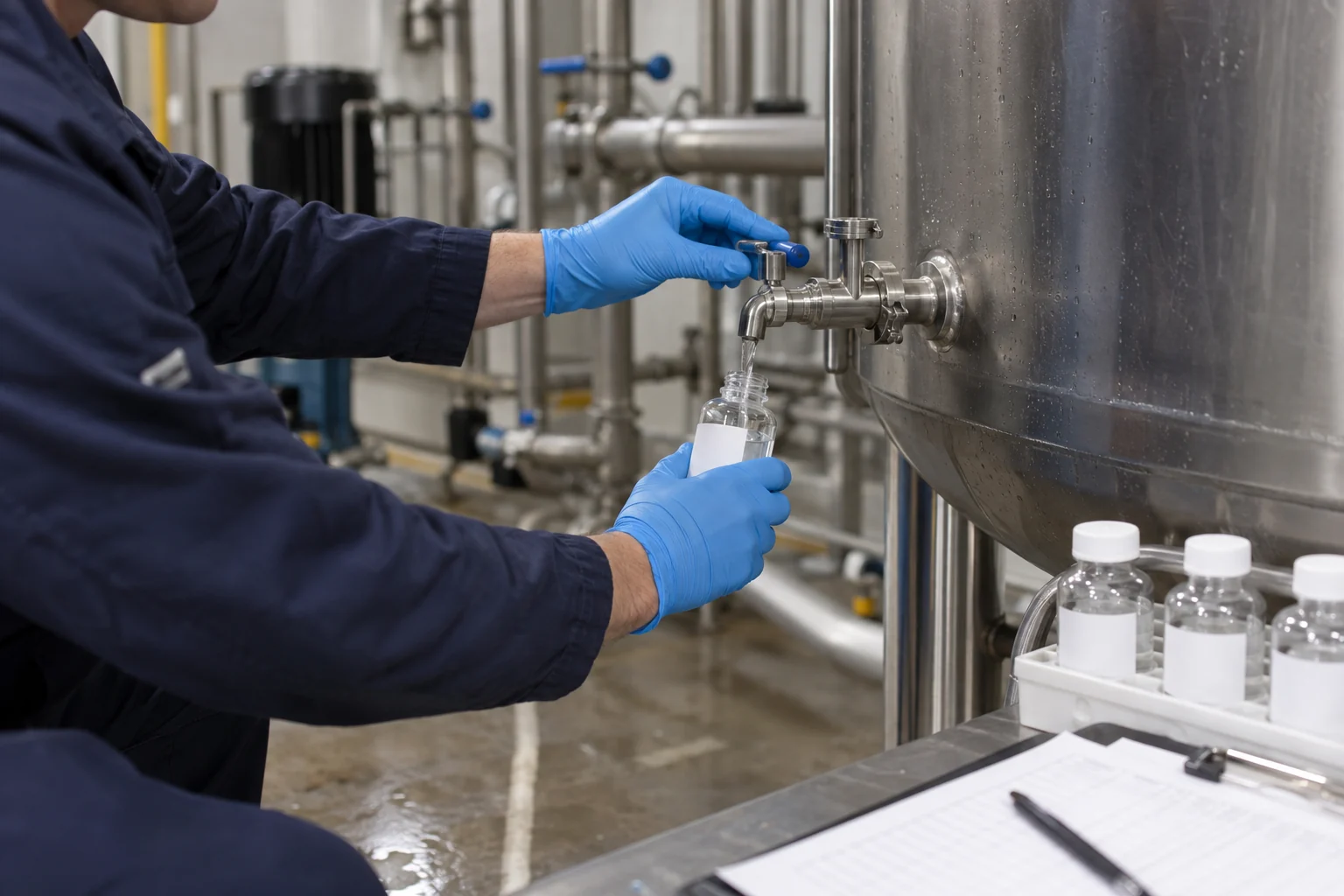 A technician collecting a water sample from a storage-tank sample valve