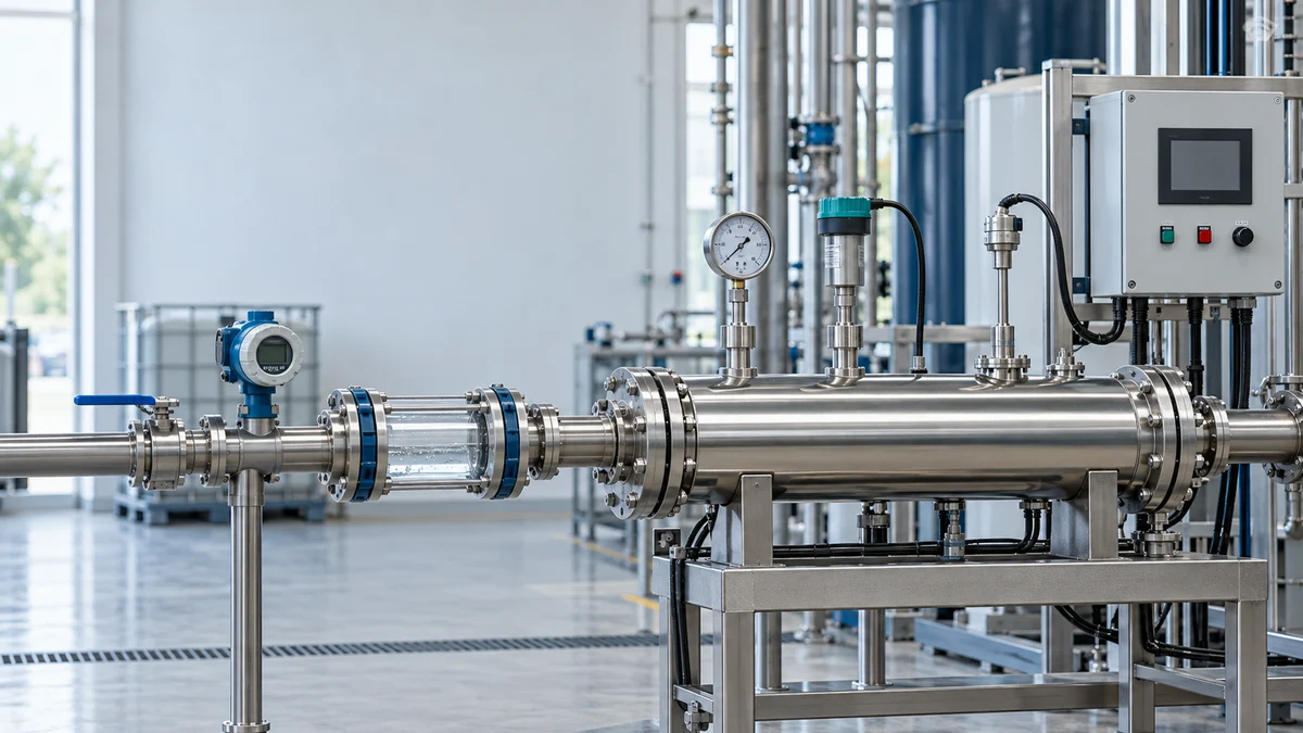 Industrial UV reactor test setup with flow, pressure and intensity instrumentation