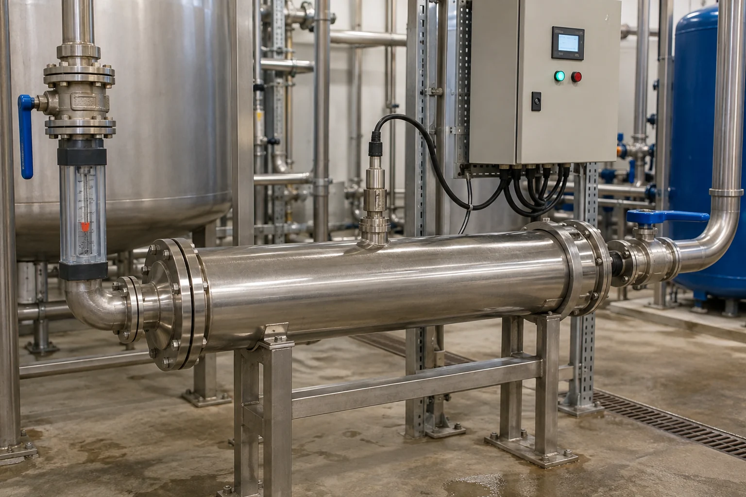 An installed commercial UV water-treatment reactor
