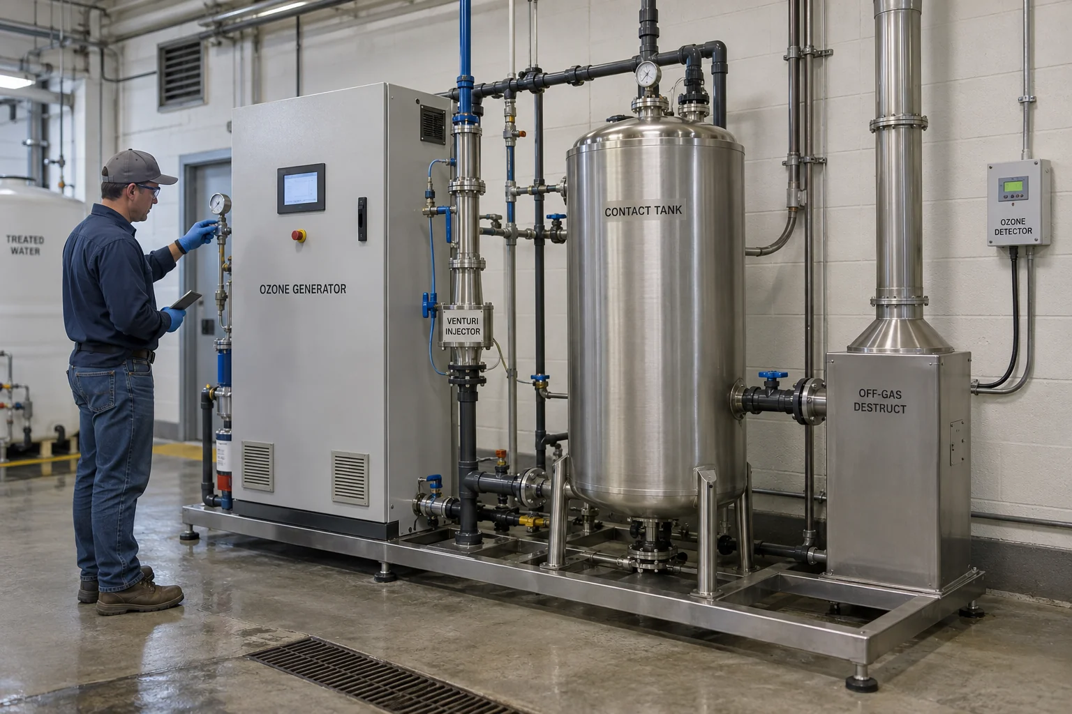 A complete ozone system with generator, injector, contact tank and off-gas treatment