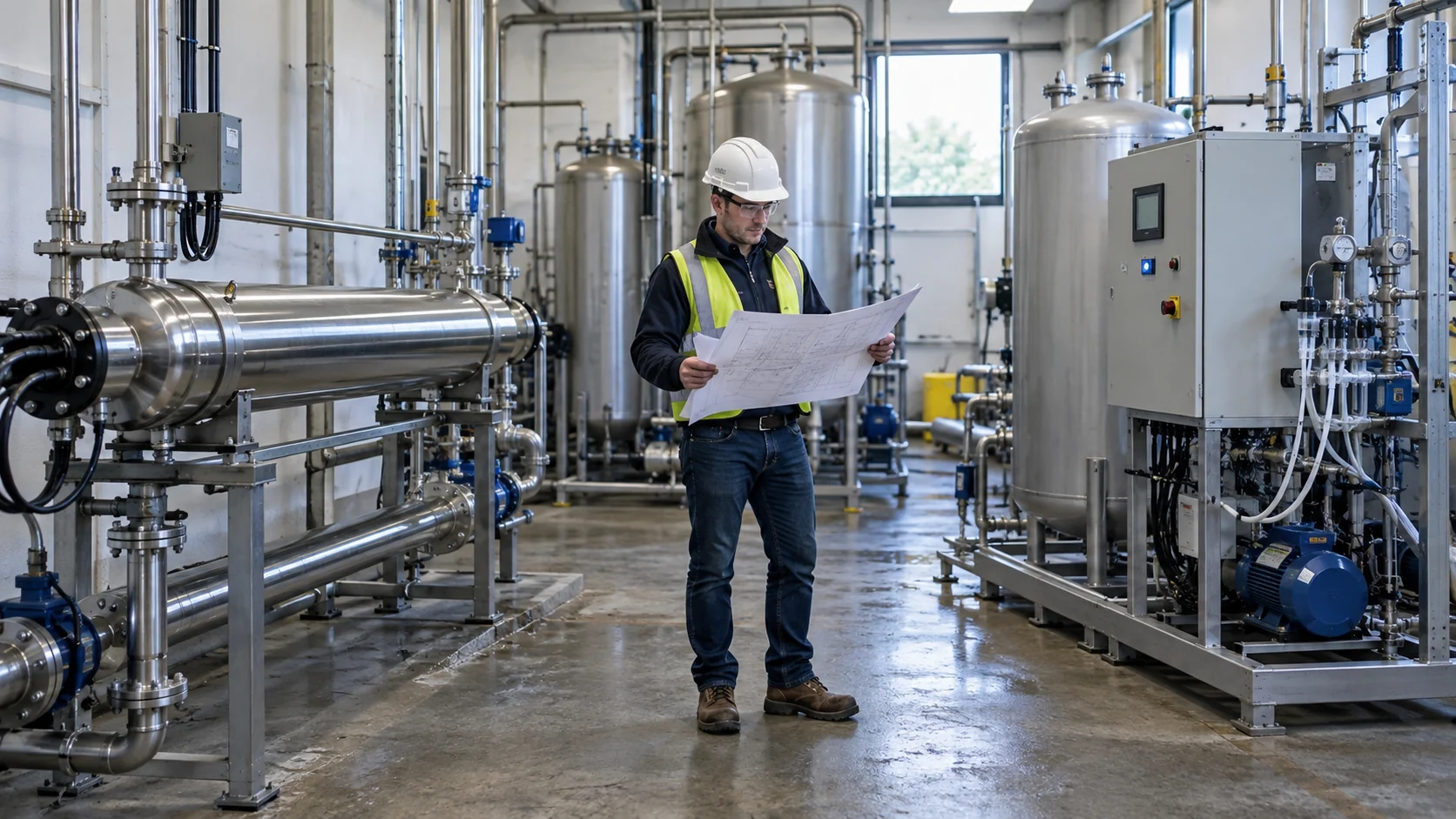 An engineer reviewing UV and ozone options in a real water-treatment plant