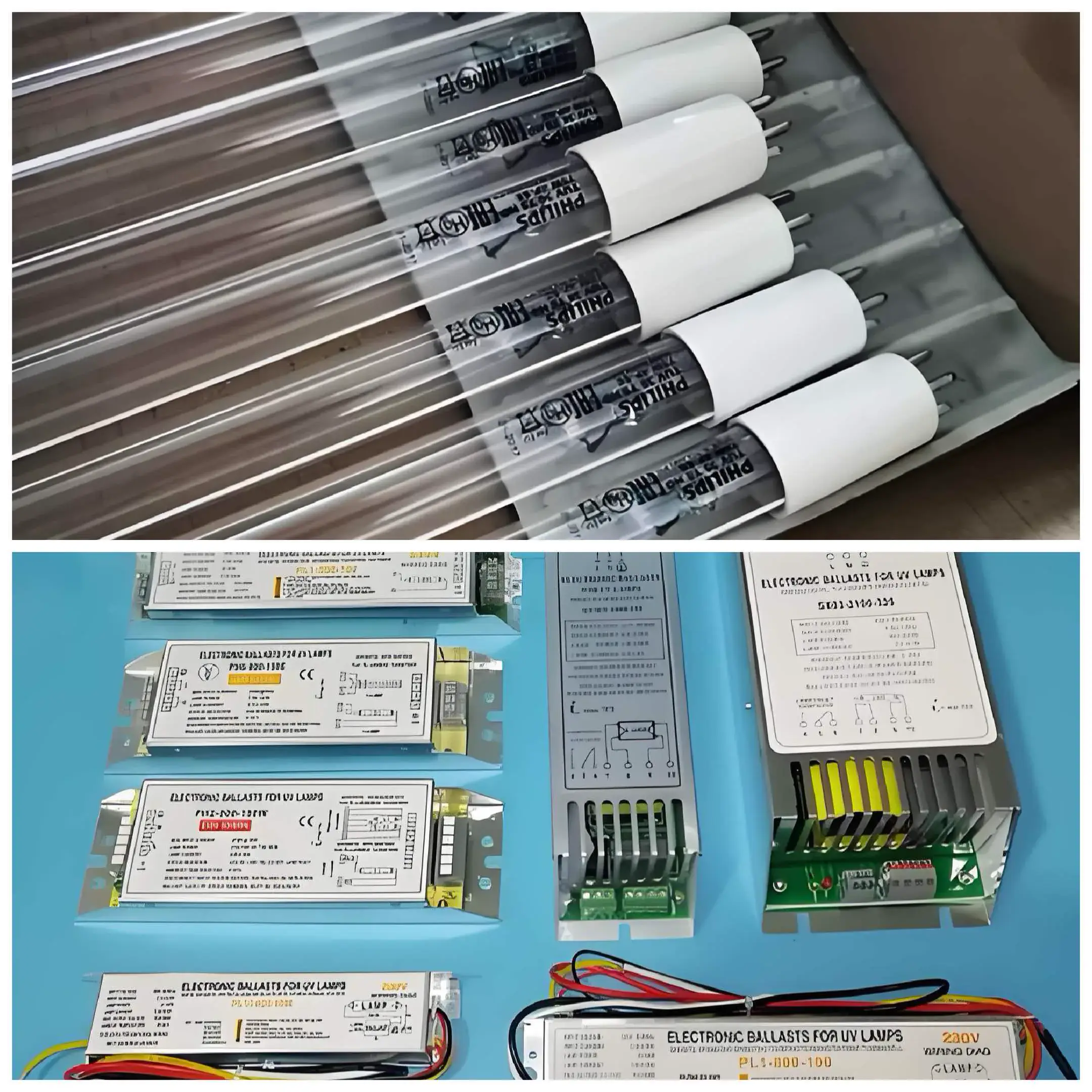 Collage of UV lamps, sleeves, ballasts and sensors