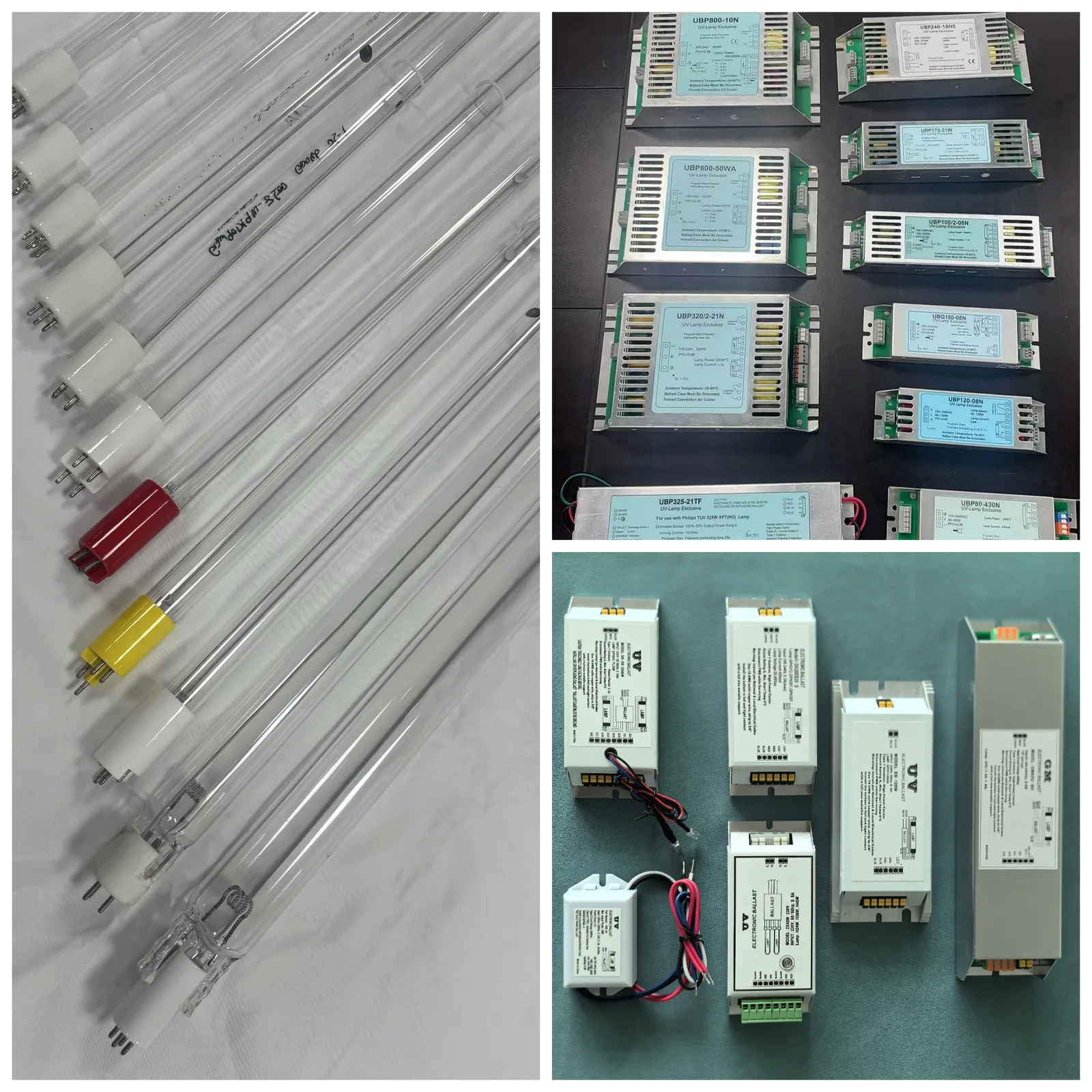 Range of KONCHE UV consumables: germicidal lamps, ballasts, quartz sleeves and UV sensors