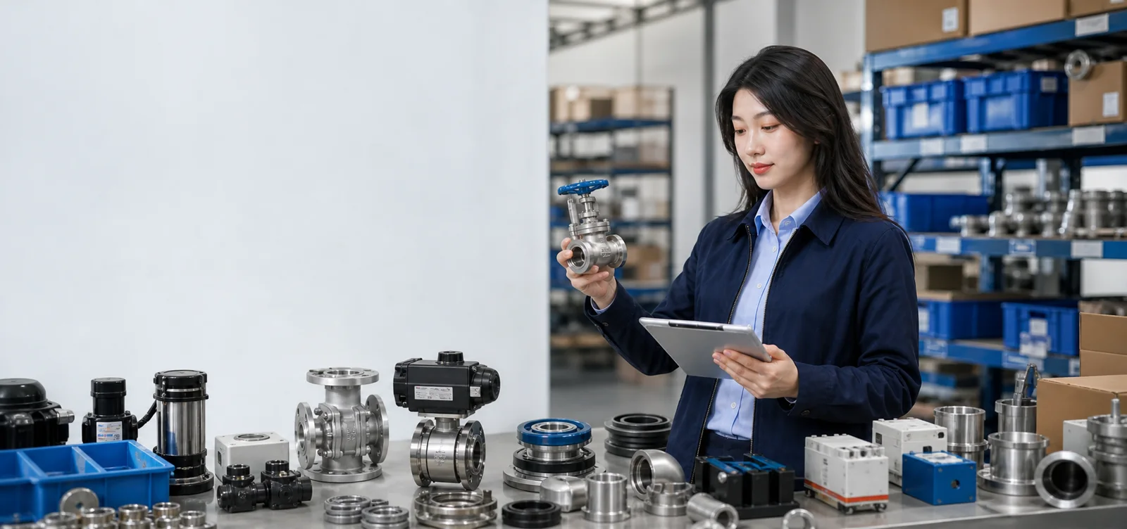 Component sourcing specialist inspecting an industrial valve in a water treatment parts warehouse