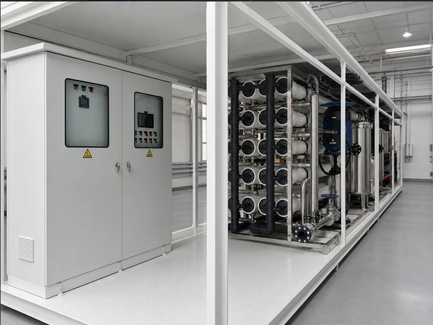 Containerized water treatment equipment representing the referenced rural drinking-water project