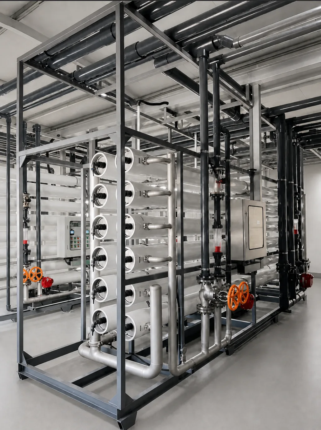 KONCHE double stage reverse osmosis system with membrane vessels, high-pressure pump and PLC control skid