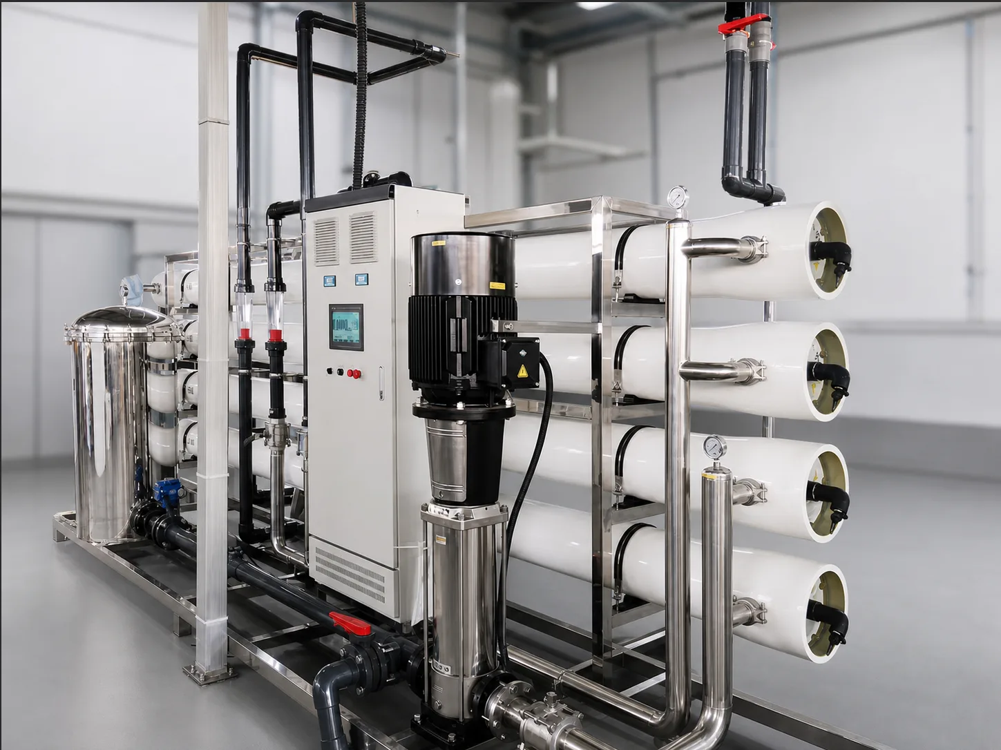 KONCHE single and double stage reverse osmosis skid with membrane housings, high-pressure pump and PLC control cabinet