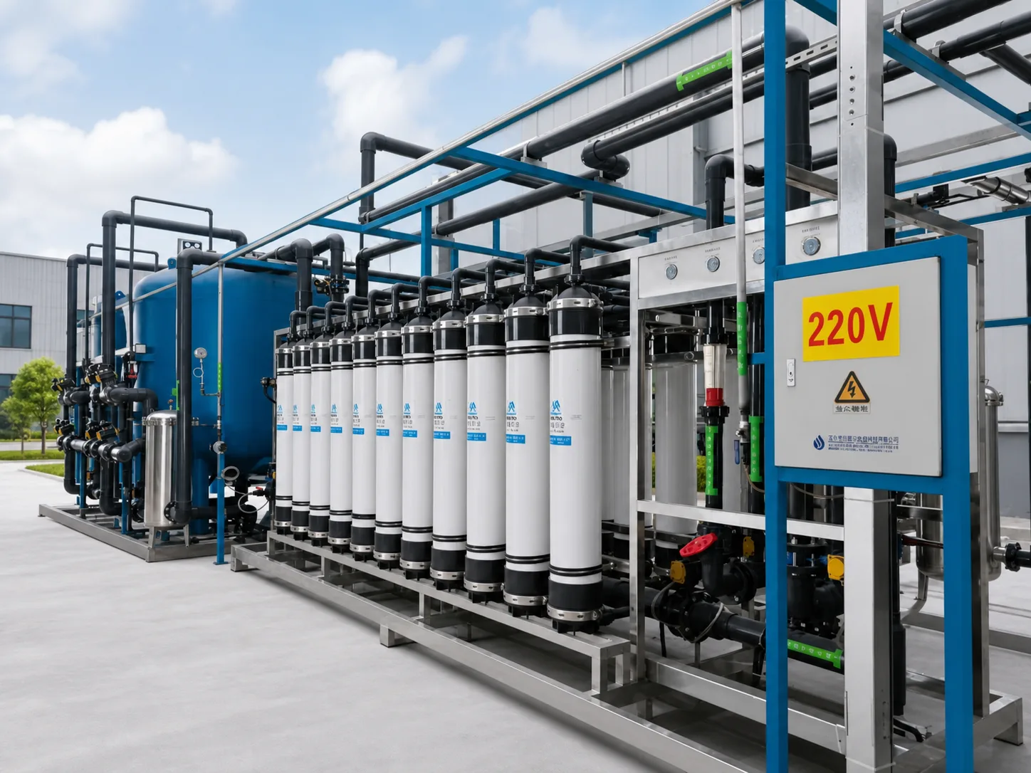 KONCHE UF ultrafiltration treatment skid with membrane housings, piping and process tank