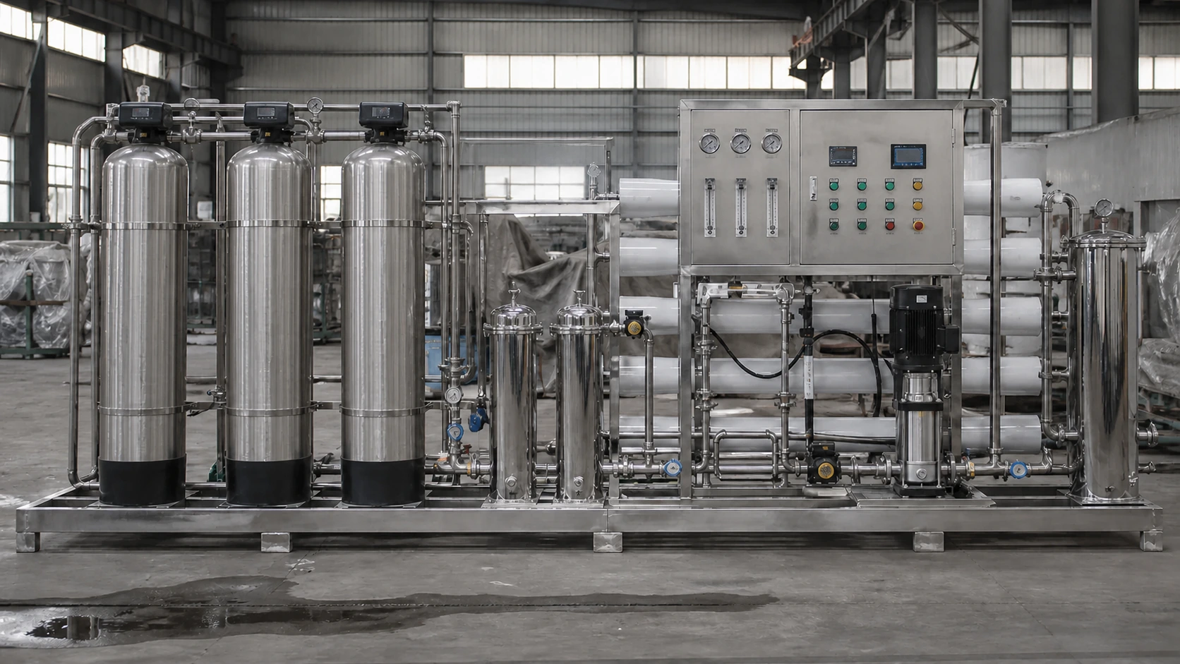 Centralized drinking-water purification skid with stainless-steel pretreatment vessels