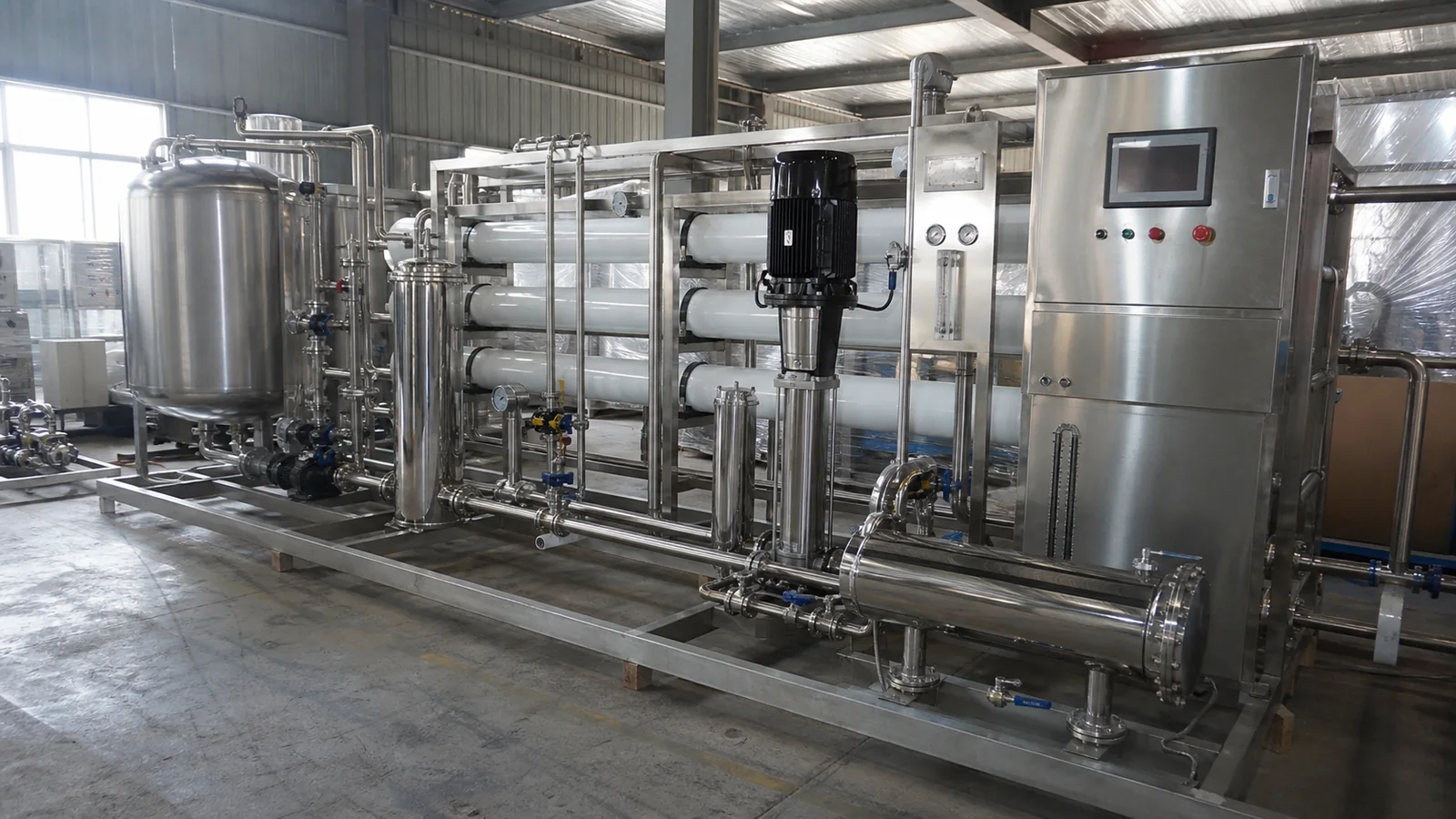 Sanitary food and beverage process-water treatment equipment skid