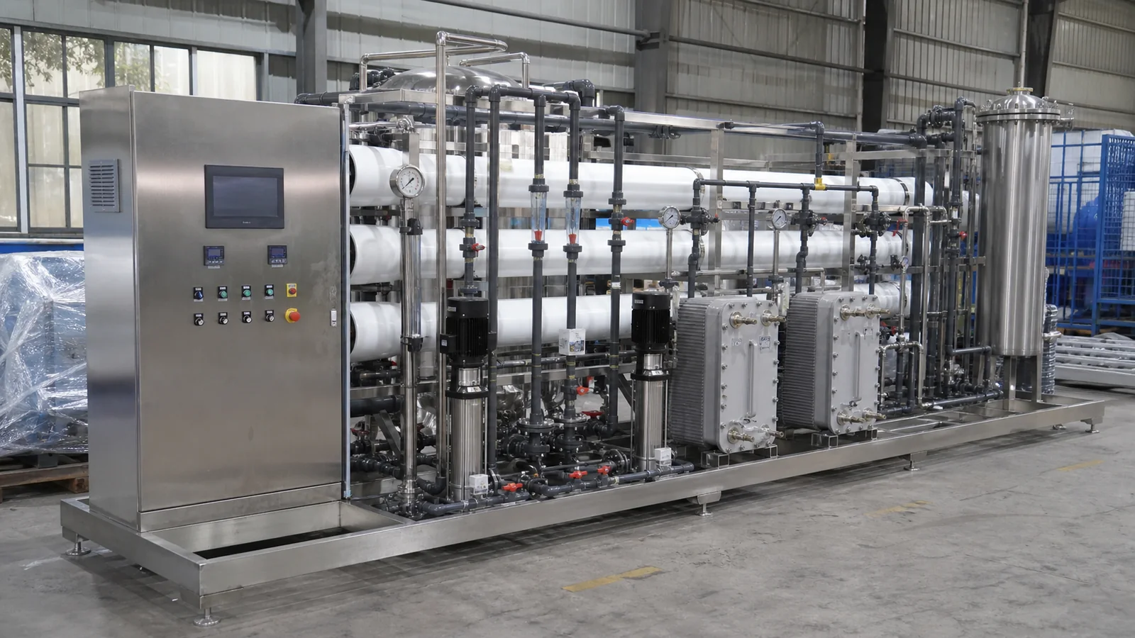 Complete industrial pure and ultrapure water equipment skid before delivery