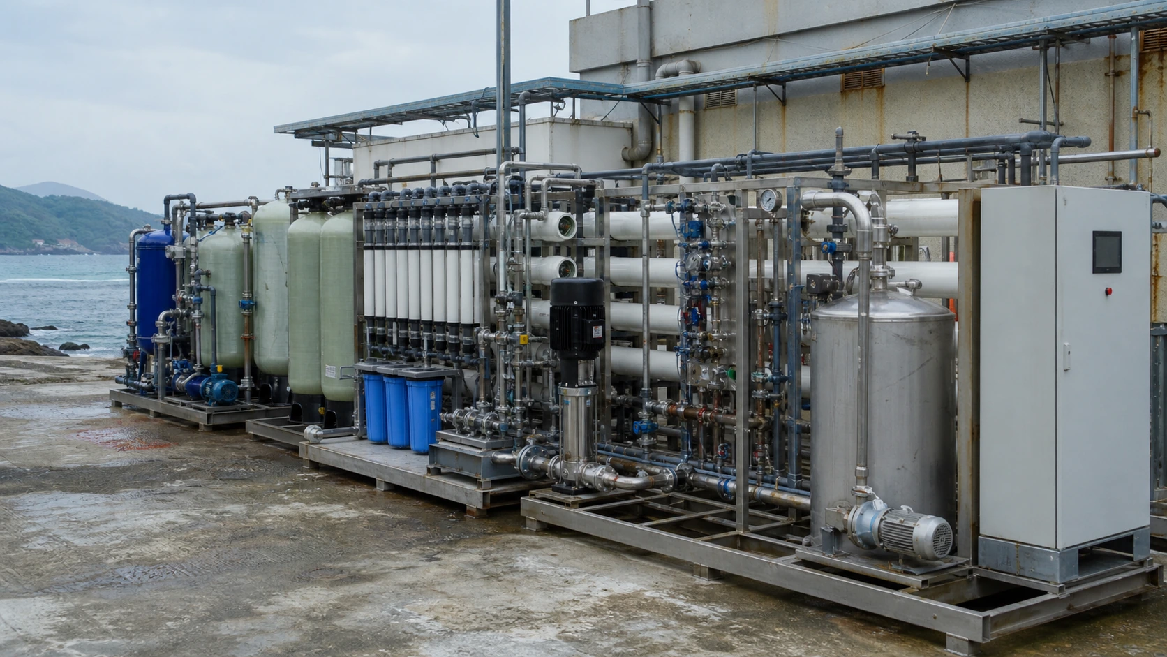 Integrated seawater and brackish-water desalination equipment in a coastal industrial setting